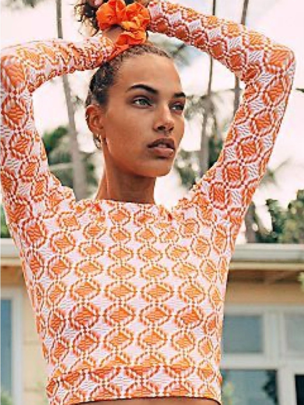 Seea Orange & White Geometric Long-Sleeve Swim Top and High Waist Bottom